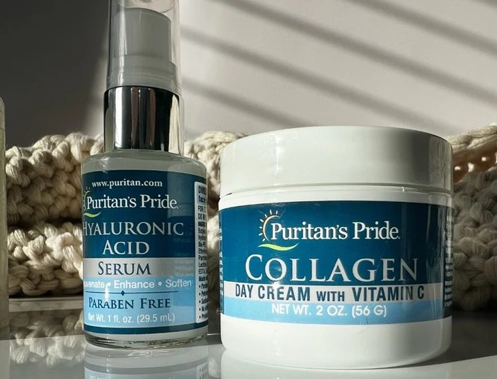 Puritan's Pride serum y crema de colageno con vitaminas PURITAN'S PRIDE botella serum acid hyaluronic y collagen crema crema de dia con vitaminas