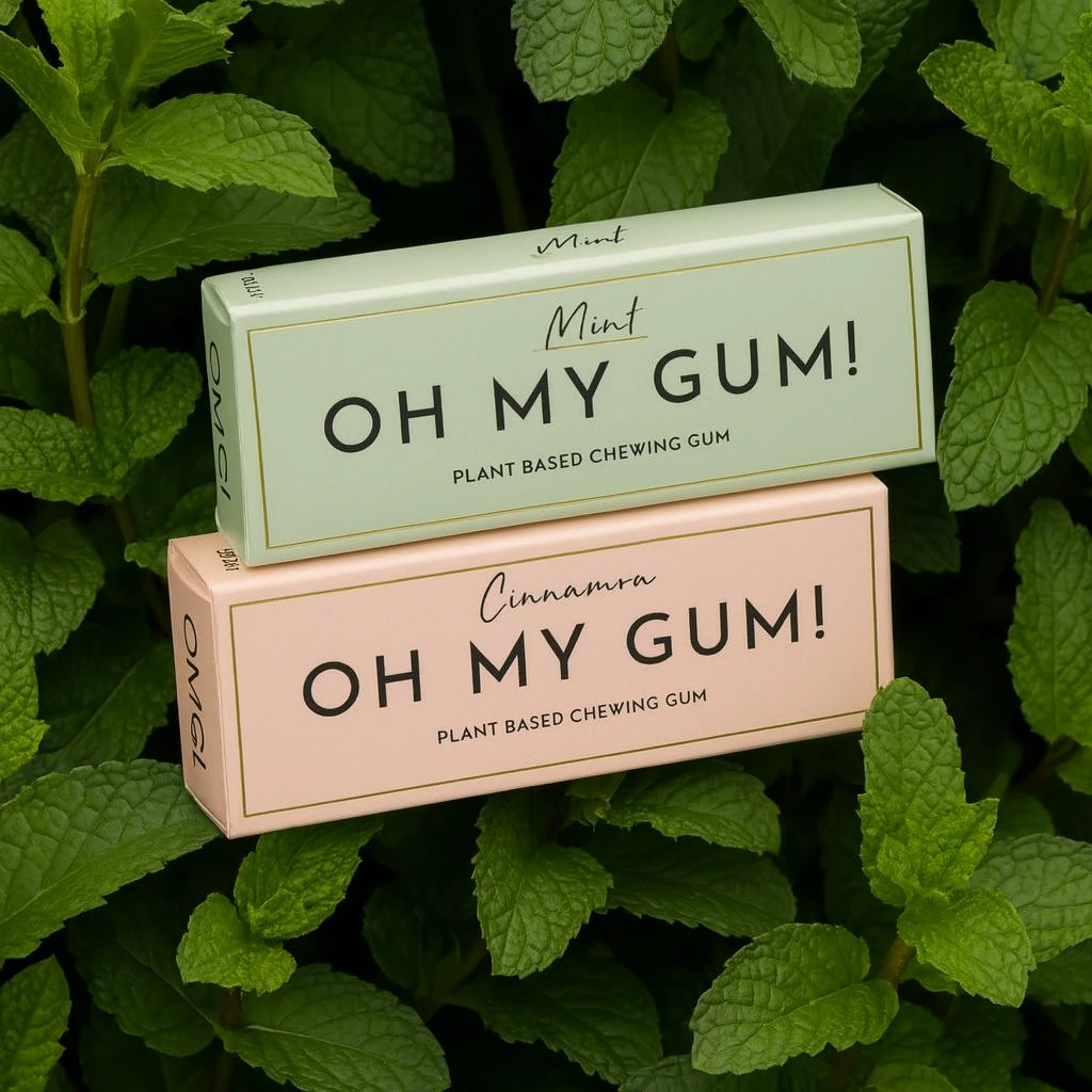 Detalle del envase minimalista y sostenible de Oh My Gum