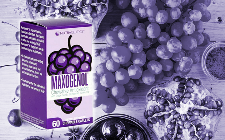 composicion nutraceutics maxogenol con fondo a base de frutas